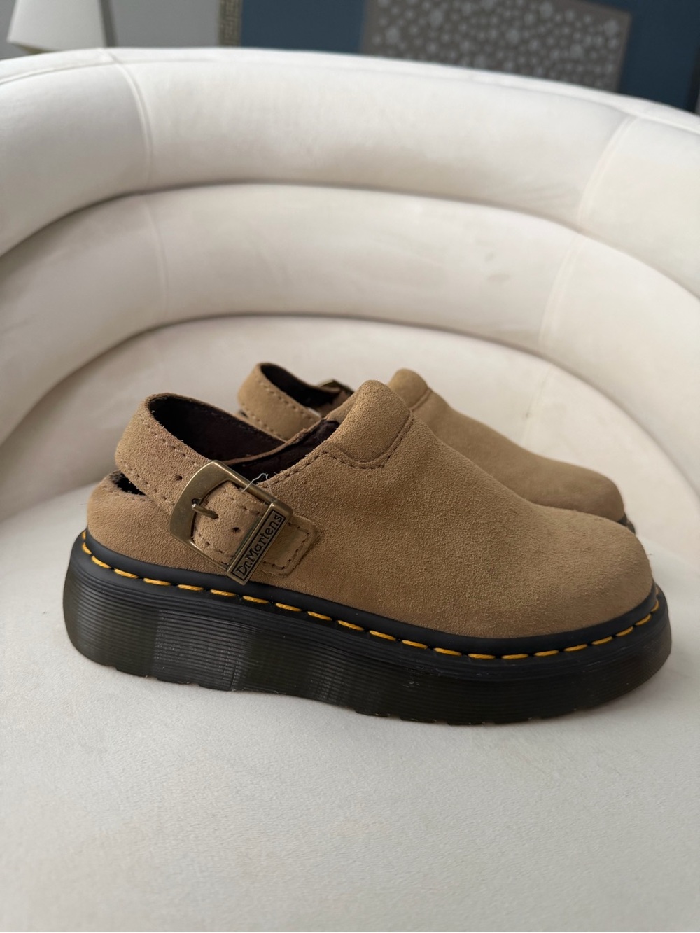 Dr. Martens Tan Suede Platform Clog Mule with Buckle